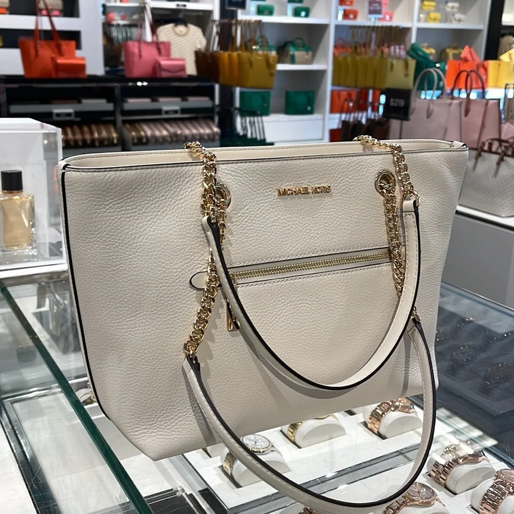 MICHAEL KORS Jet Set Medium Front Zip Pebbled Leather Chain Tote Bag Light Cream